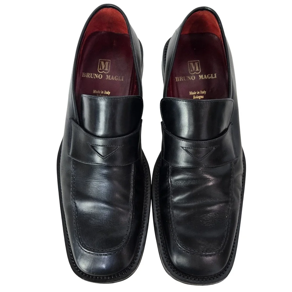 Bruno Magli Size 10 Huntley Penny Loafers Black Italian Leather Square Toe #1116